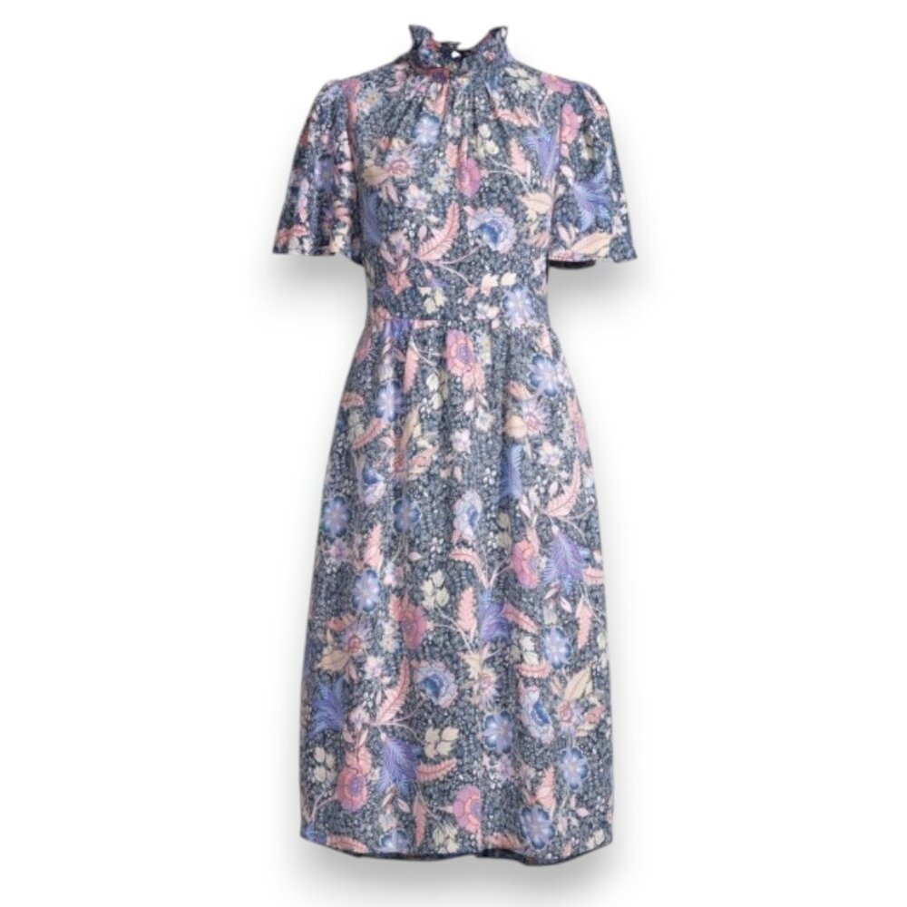 Elegant Floral Midi Dress - Blue and Pink